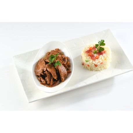 Porc au caramel et riz sauté